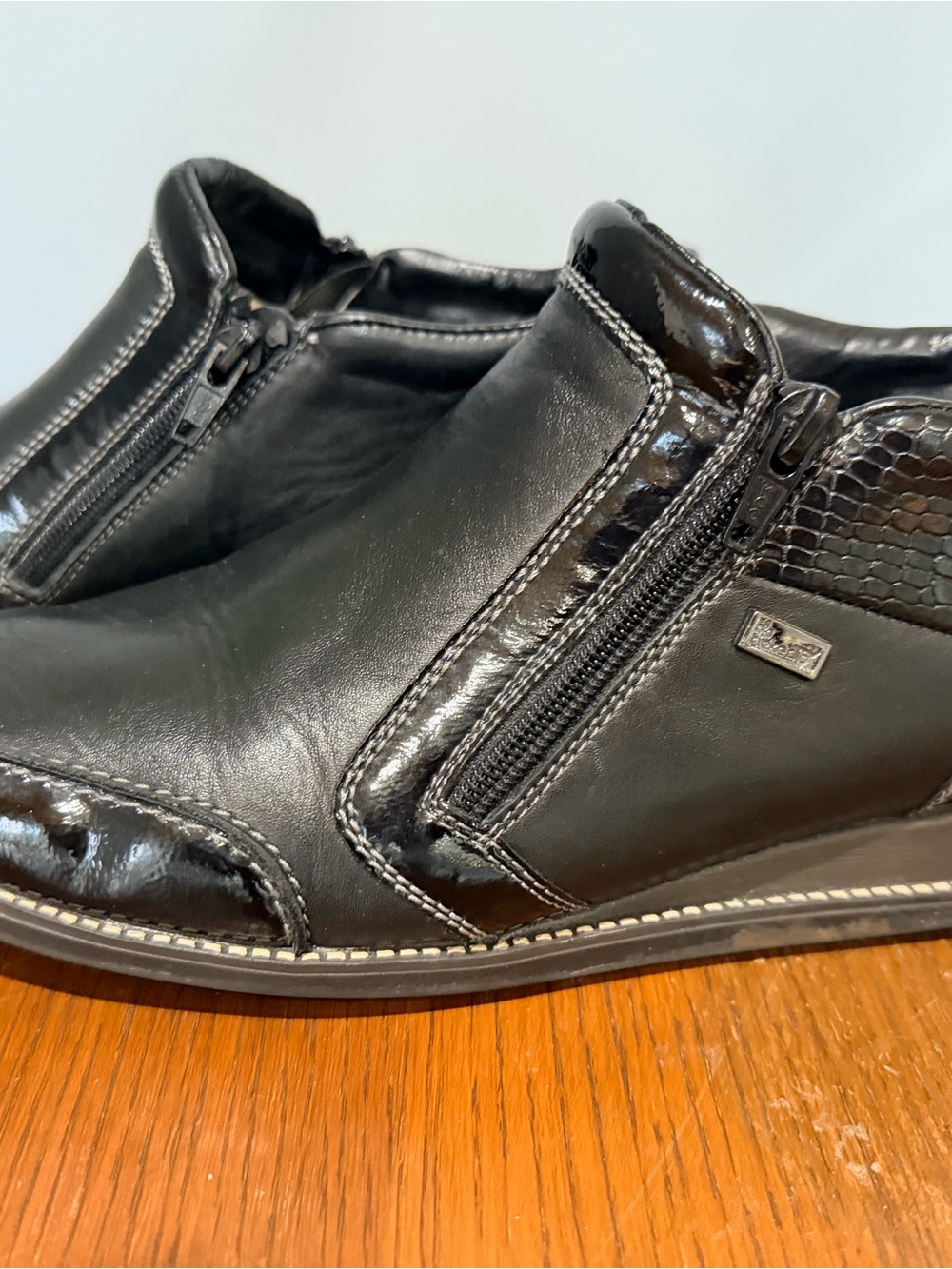 Rieker Black Leather & Patent Ankle Booties with Side Zips